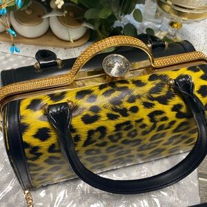 Yellow Leopard Print Clutch with Black Trim